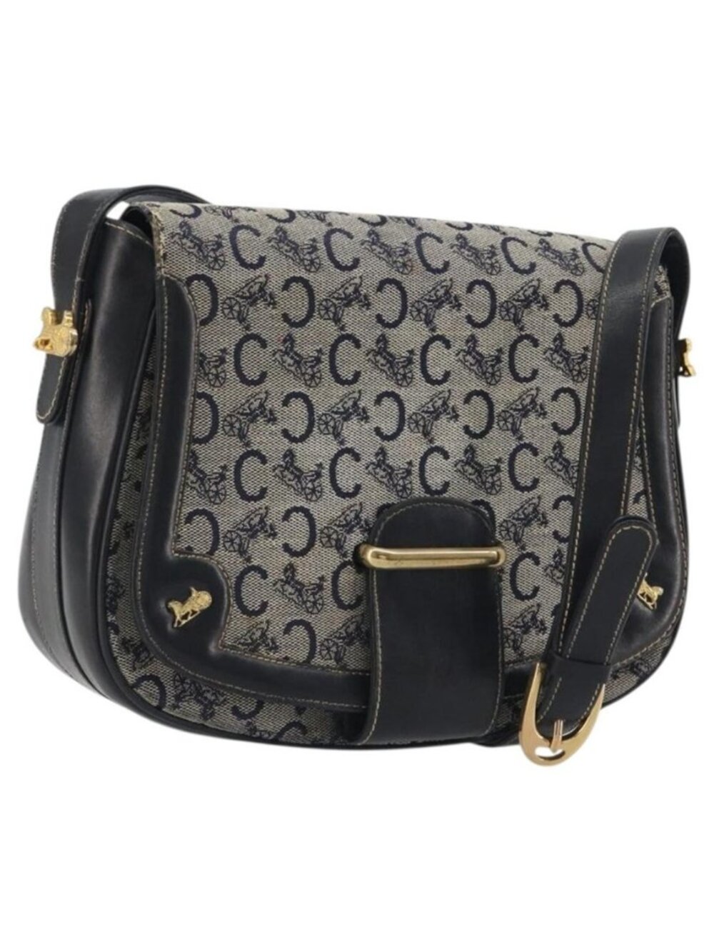 Authentic CELINE C Sulky Shoulder Bag Canvas Navy Gold